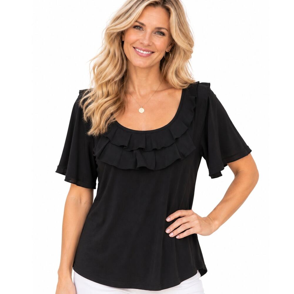 Club Monaco Ruffled Neck Top Womens Medium Black Lyocell Scoop Neck Blouse